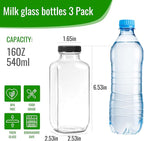 BIGIVACA 16 oz Glass Juice Bottles with Lids,3 PACK Bottles for Juicing,Square Drinking Jars Glass for Coffee,Cola,Milk,Tea in Travel,Work,School
