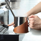 Milk Frothing Pitcher 450ml/16oz 304 Stainless Steel Espresso Steaming Pitcher with PU Leather, Milk Frothing Jug,milk frother cup,Milk Jug Cup,Premium Barista Tools,Latte Art (Bright,16oz)