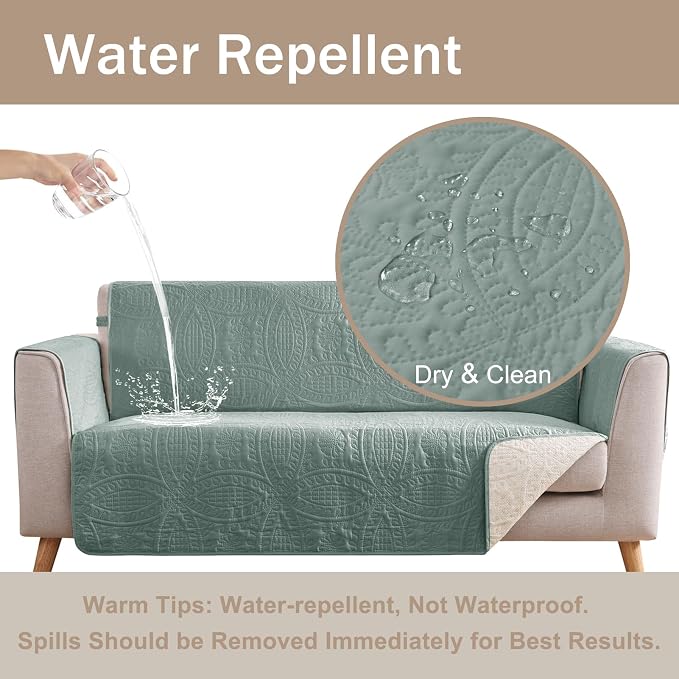 Sage Blue Quilted Sofa Cover, Anti-Slip Medallion Designed Couch Covers - Image 3