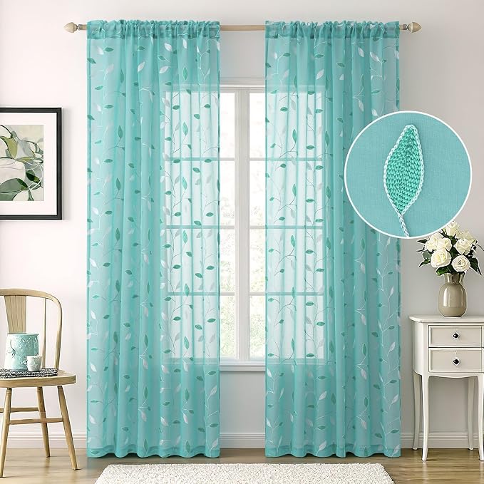 MIULEE Turquoise Sheer Curtains 2 Panels Leaf Patterned, W52 x L96 | - Image 2