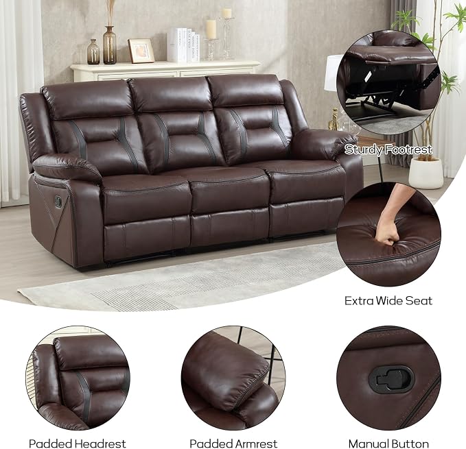 EBELLO Faux Leather Manual Reclining Sofa, 3 Seat Recliner Sofa Chair, Couch - Image 3