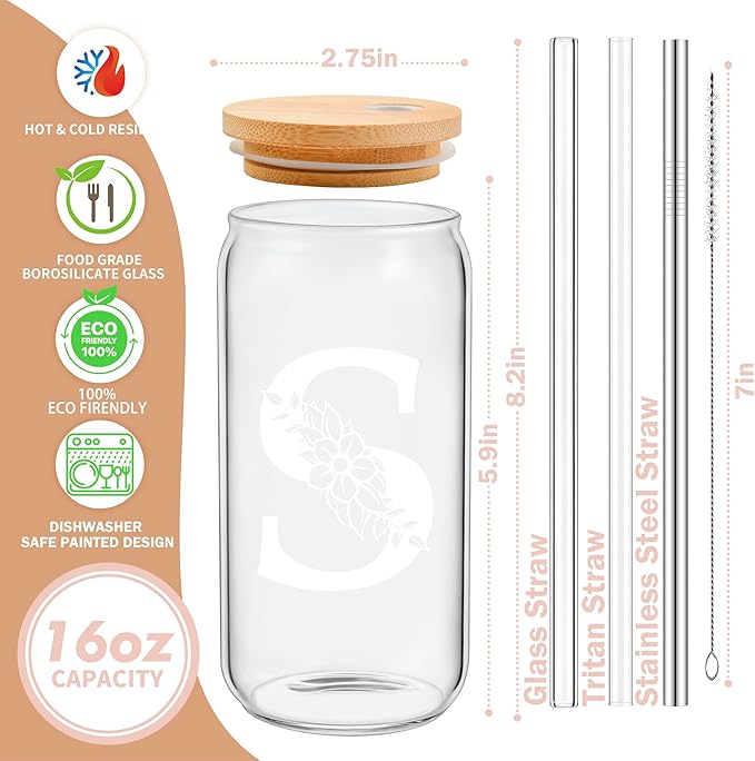 Personalized Gifts for Women, Monogrammed Glass Cups with Lids and Straws, Custom Tumbler, Cute Customized Mug, Aesthetic Stuff, Initial Iced Coffee Cup, Drinking Glasses, Birthday Teacher Gifts, A