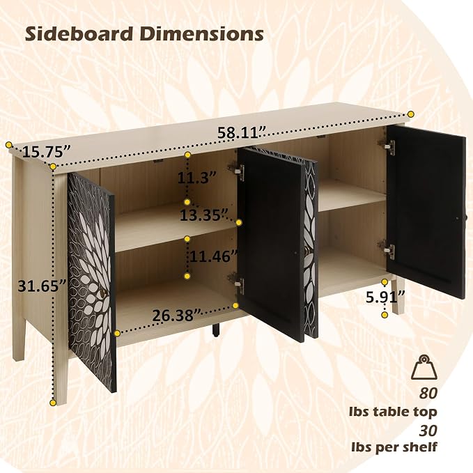 58'' Large Sideboard Buffet Kitchen Storage Cabinet, 4 Door Carved Modern - Image 2