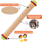 Rolling Pin with Thickness Rings and Pastry Baking Mat, 13.6" Adjustable Wooden Rolling Pin Dough Roller for Baking Cookie Pizza, Comes with Large Silicone Pastry Mat, Kitchen Baking Tools