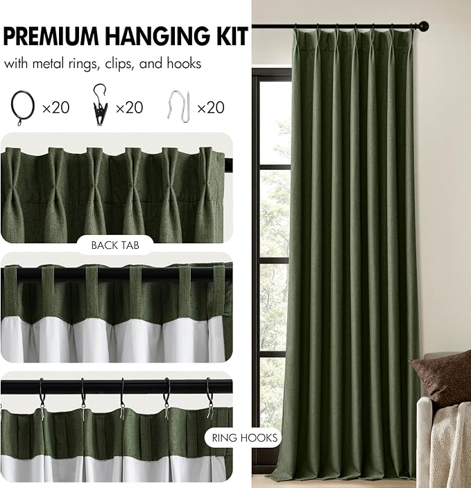 MIULEE Olive Green Pinch Pleated 100% Blackout Linen Curtains 40x108 Inches | - Image 8