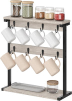 Coffee Mug Holder for Counter, 2 Tier Mug Tree Rack, with 8 Hook and 2 Open Shelves, Vintage Mug Holder Stand for Home Kitchen, Greige MH43BG