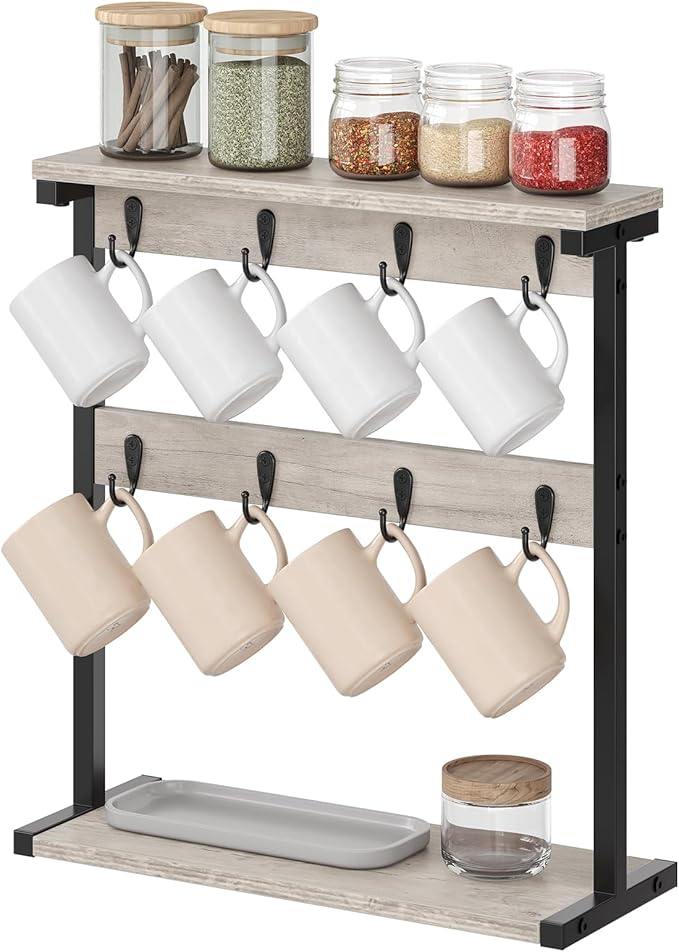 Coffee Mug Holder for Counter, 2 Tier Mug Tree Rack, with 8 Hook and 2 Open Shelves, Vintage Mug Holder Stand for Home Kitchen, Greige MH43BG