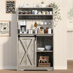 Farmhouse Coffee Bar with 3 Tier Storage Hutch, 56 Inch Small Coffee Station with 6 Hooks, Corner Bar Table with Adjustable Shelves for Living Dining Room (Grey)