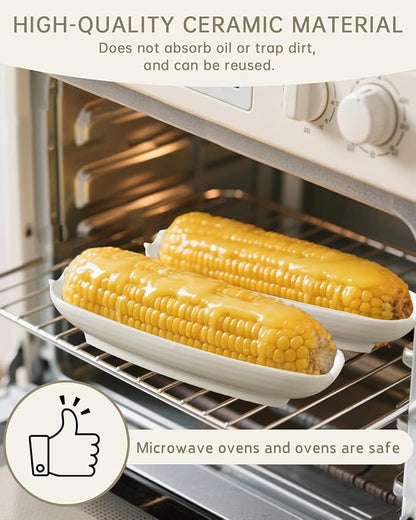 Ceramic Corn Cob Holders, 9" Corn on the Cob Dishes Set of 4, White Corn Cob Dishes with Non-Slip Bottom, With 8 Corn Cob Holders, Microwave Dishwasher Oven Safe