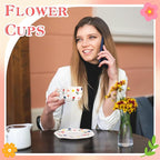 Ceramic Coffee Mug Vintage Flower Mugs 8 oz Cute Floral Coffee Mugs Irregular Latte Art Cup Lead-free Porcelain Cups for Cappuccino, Cocoa (Blue and Pink Mug with Saucers)