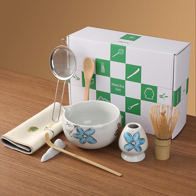 Matcha Whisk Set Cute,8pcs Matcha Set Whisk And Bowl,Matcha Kit Set With Bamboo Whisk,Ceramic Matcha Bowl,Sifter,Scoop,Holder,Towel,Stand,Spoon,Unique Gift for Japanese Matcha Tea Lover