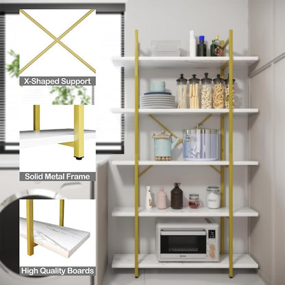 5 Tiers Bookshelf Organizer White Faux Marble Shelf, Modern Open Display - Image 4