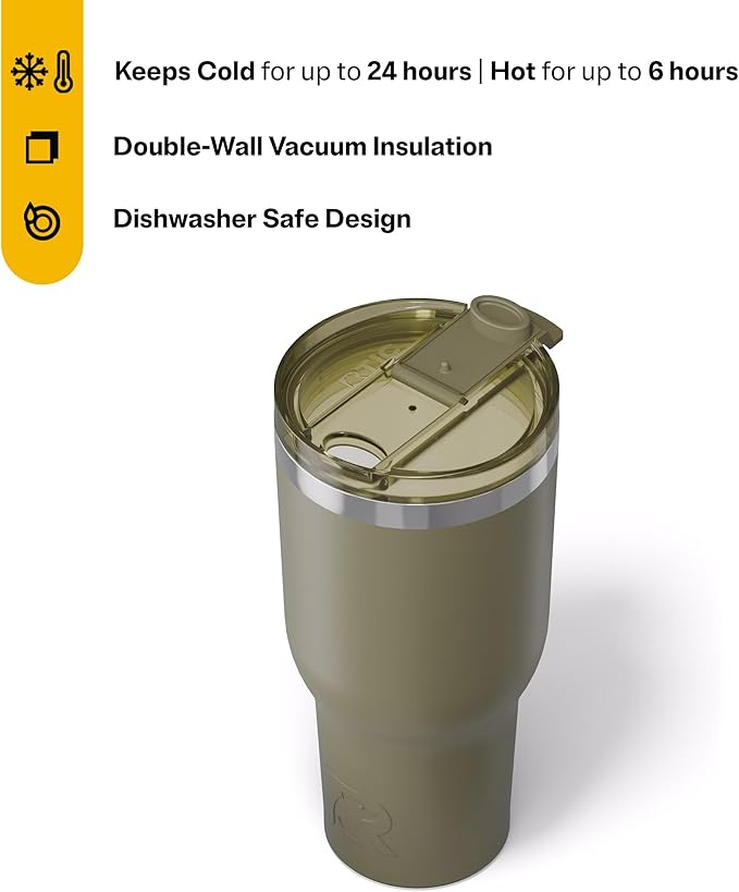 RTIC 40oz Essential Tumbler with Lid, Insulated, Stainless Steel, Metal, Double Wall Vacuum-Insulation, Ceramic Lined, Travel Cup for Iced Coffee, Tea, Hot and Cold Drink, Olive