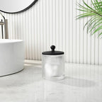 Glass Cotton Jar Holder Matte Black Lid, Elegant Bathroom Storage Canister for Qtips, Cotton Balls, Floss, Makeup Organizer, Vanity Bathroom Organization