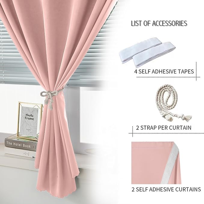 Thermal Blackout Curtains with Self-Adhesive Tape, No Rod No Drill Easy Install - Image 2
