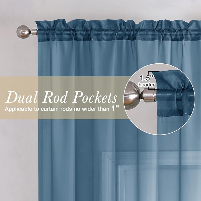Dusty Blue Sheer Curtains 63 Inch Length 2 Panels, Light Filtering Voile - Image 2