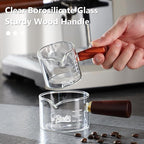 Espresso Shot Glasses with Wood Handle, 120ml Glass Coffee Bean Dosing Cup with Spout,Clear Espresso Measuring Cup Glass for Barista Coffee Measure (Single Spout)