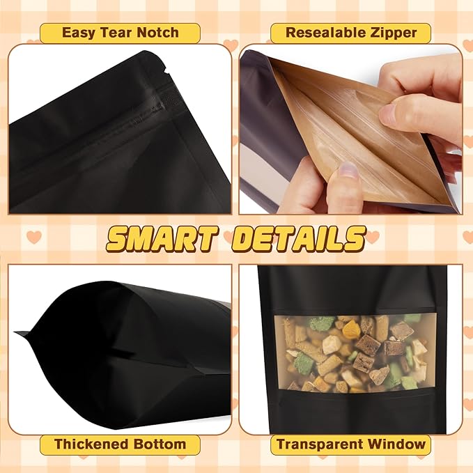 Resealable Smell Proof Bag, 50 Pcs Zip Lock Bags with Window, Reusable Snack Bags, Stand Up Pouches Heat Sealable, Food Storage Baggies for Cookies, Herbs, Tea, Coffee, Spice, Jerky