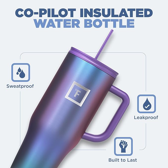 IRON °FLASK Co-Pilot Insulated Mug w/Straw & Flip Cap Lids - Cup Holder Bottle for Hot, Cold Drink - Leak-Proof- Water, Coffee Portable Travel Tumbler - Black Speckle, 40 Oz