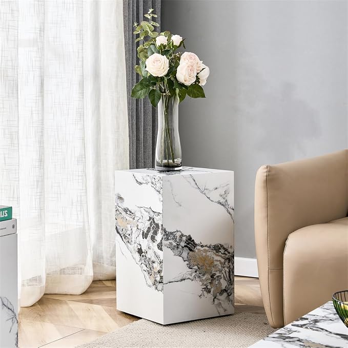 End Table, Side Table Living Room Table, Faux Marble Sofa Couch White Bedside - Image 8