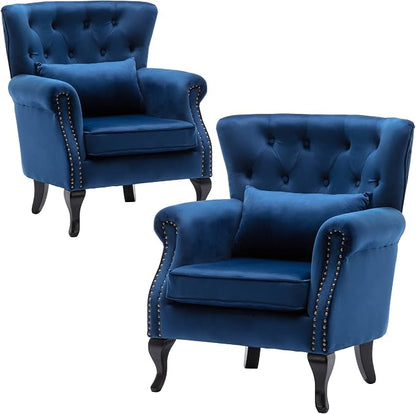Set of 2 Mid-Century Modern Accent Chair, Velvet Armchair w/Tufted Back/Wood by DMFurniture
