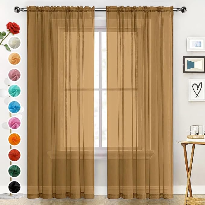 SpaceDresser Basic Rod Pocket Sheer Voile Window Curtain Panels Khaki 1 Pair 2 by SpaceDresser