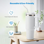 Repeatable Metal Straw with Silicone Tips for 30 oz Stanley Tumbler, 2 Pcs 30 oz Stainless Steel Straws Replacement for Stanley Tumbler, 1 Straw Brush, BPA Free（White）