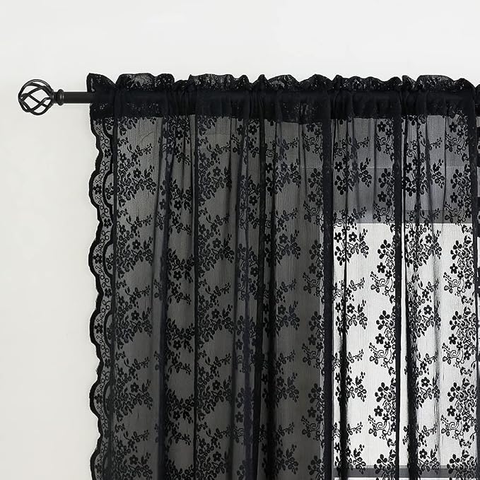 YJ YANJUN Vintage Lace Curtains 54 inch Length Victorian Floral Pattern Goth - Image 2
