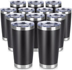 20 oz Tumbler Stainless Steel Tumblers Bulk with Lid Double Wall Insulated Coffee Tumbler Cups for Hot & Cold Drinks Powder Coated Travel Coffee Tumbler Mug Metal (Black, 12 pack)