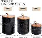 JOJUNO Black Ceramic Canister Set with Wooden Lid, 3-Piece Airtight Food Storage Jars for Kitchen Counter - Flour, Sugar, Coffee, Tea, Spice - Small, Medium, Large Sizes - Stone Texture