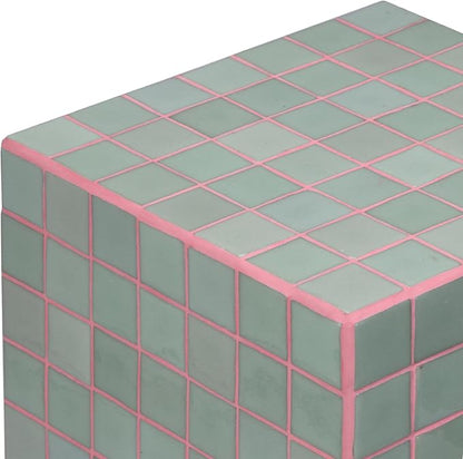 JONATHAN Y Callista 18-Inch Sage Gray/Pink Modern Ceramic Tiled Cube Side Table - Image 4