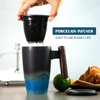 suyika Tomotime Ceramic Tea Cup with Infuser and Lid Tea Mugs Wooden Handle 400ml/13.5oz Black cyan