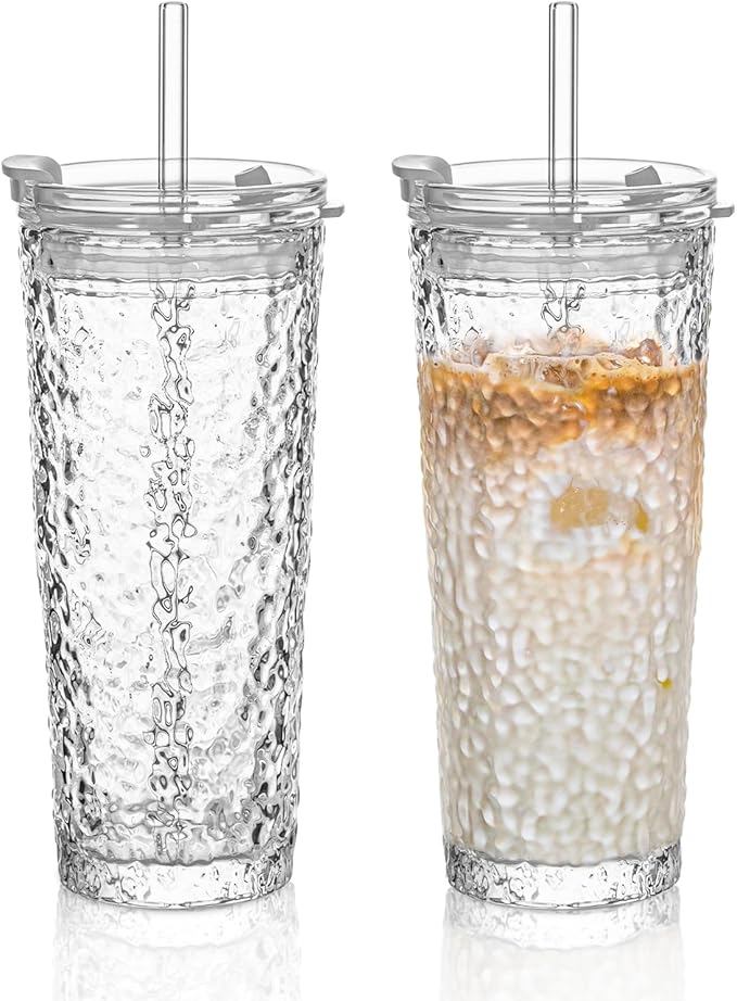 KEMORELA Glass Tumblers with Lids and Straws – Set of 2, 18oz Premium Quality Drinking Glasses, Ideal for Juices, Cocktails, and Everyday Use