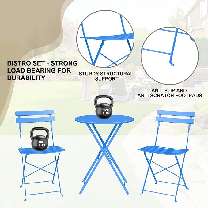 Bistro Table and Chairs Set of 2, 3 Piece Outdoor/Indoor Folding Patio Bistro - Image 4