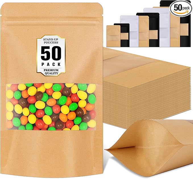 Jetmore-50pack-Smell-Proof-Bag, Reusable Zip Lock Bags with Window, Resealable Stand Up Packaging Bags, Brown Paper Pouches for Coffee, Tea, Herbs, Spice, Snack, Baked Goods, Goodie Bags