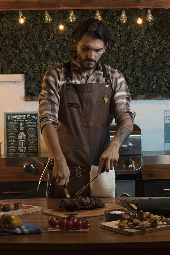Asaya Chef and BBQ Apron with Bottle Opener and Hand Towel - 10oz Cotton Canvas, Stainless Steel Hardware - Cross Back Straps
