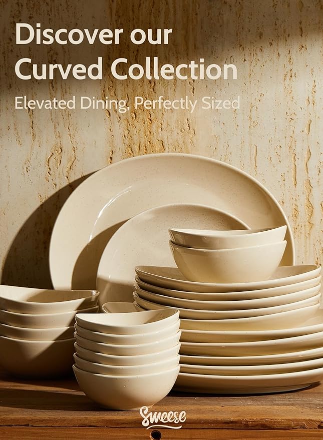 Sweese 11 Inch Porcelain Dinner Plates, Set of 6 - Beige, Vitrified China, Curve Collection, Dishwasher Microwave Safe