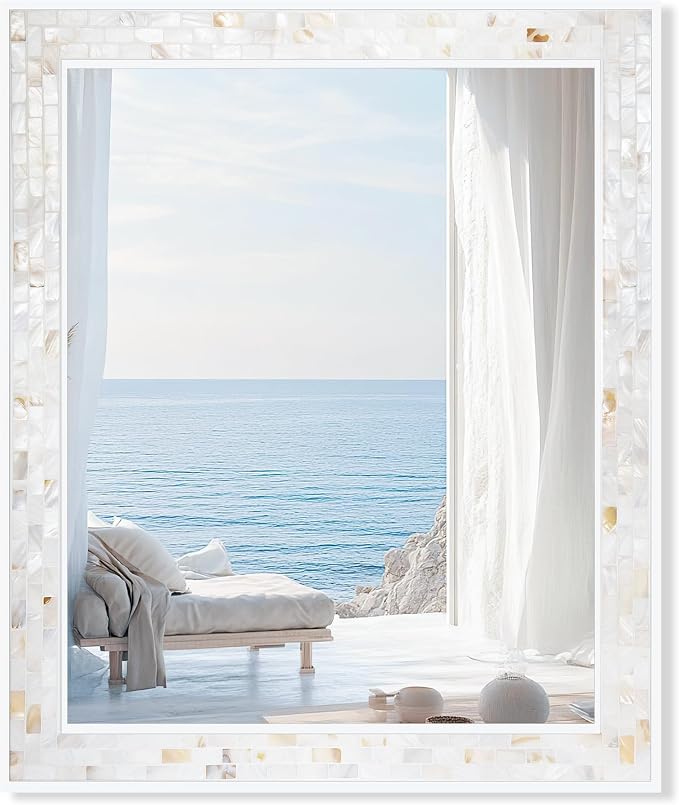 Tanmicoshomy 30 x 36 Inch White Bathroom Mirror, Natural Shell Framed Rectangle by Tanmicoshomy