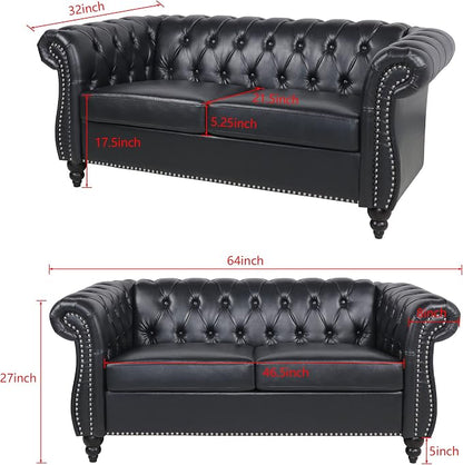 LEVNARY Leather Sofa, Chesterfield Tufted Upholstered 2 Seater Couch, Modern - Image 2