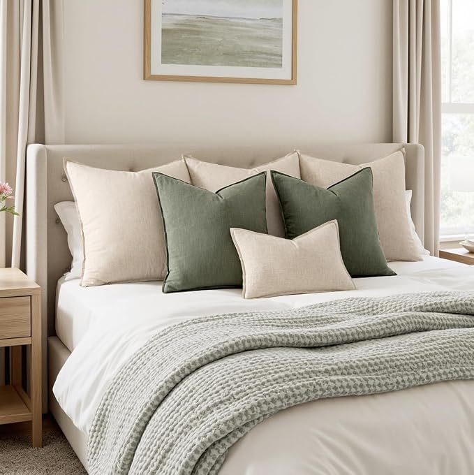 MIULEE Decorative Linen Pillow Covers 20x20 Inch Olive Green | Boho Farmhouse​ - Image 5