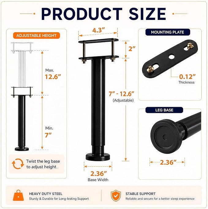 Under Bed Metal Support Legs, Adjustable Height Bed Frame Support Leg, Bed Slat - Image 2