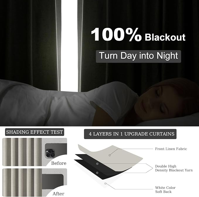 Topfinel 90 Inches Linen Curtains 100% Blackout Curtain - Image 4