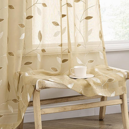 MIULEE Beige Sheer Curtains 2 Panels Embroidered Leaf Patterned, W52 x L96 | by MIULEE