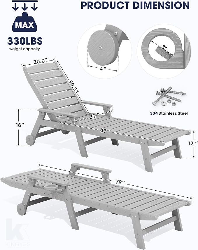 KINGYES HDPE Lounge Chair Outdoor Set of 4, Patio Chaise Lounge Recliner - Image 2