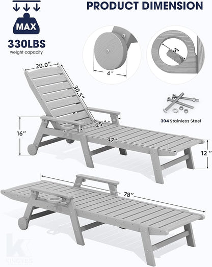 KINGYES HDPE Lounge Chair Outdoor Set of 2, Patio Chaise Lounge Recliner - Image 2