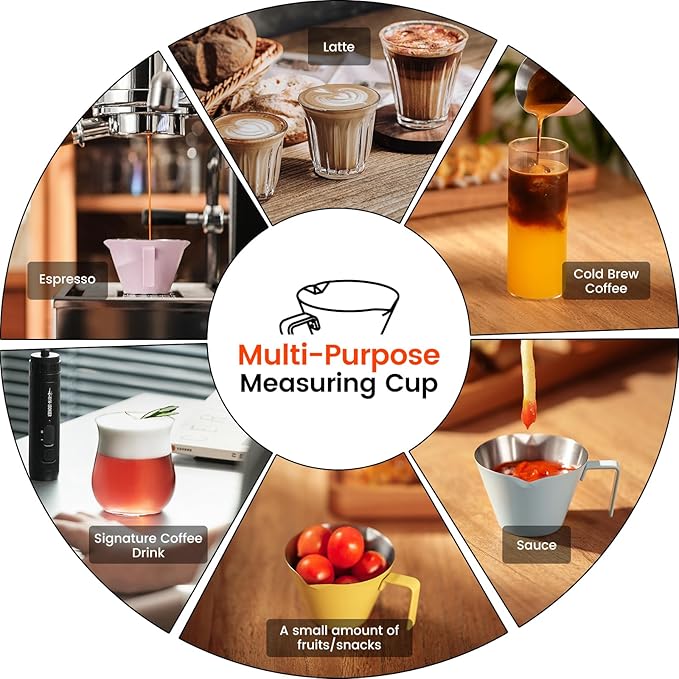 MHW-3BOMBER Espresso Measuring Cups, Double Spouts Stainless Steel Espresso Pour Cup, Espresso Shot Cups with Handle Scale, Metal Measuring Cups with V-Shaped Mouth, 3.4OZ/100ML Yellow G5670-OS