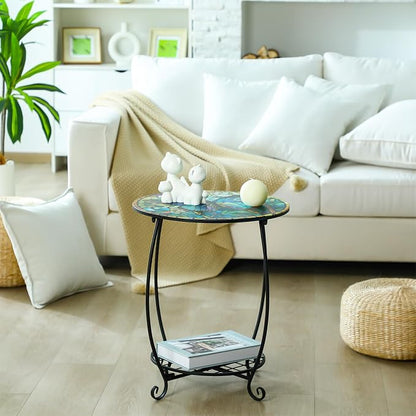 Cinnvoice Outdoor Side Table Round Small Mosaic Patio Accent Indoor End Plant - Image 6