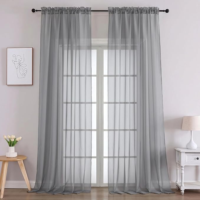Charcoal Grey Sheer Curtains 120 Inches Long 2 Panels Set, 59 Inch Extra Wide by OVZME
