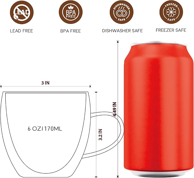 Espresso Cups Set of 4, 6oz /170ml Double Walled Glass Coffee Mugs With Handle, Hand Blown Insulated Espresso Shot Glass Cups,Perfect For Cappuccinos,Latte,Tea, Coffee Lovers Gifts
