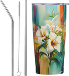 Floral Tumbler with Lid and Straw 20oz Coffee Tumblers Leakproof Stainless Steel Travel Mug Vacuum Insulated Cup for Iced and Hot